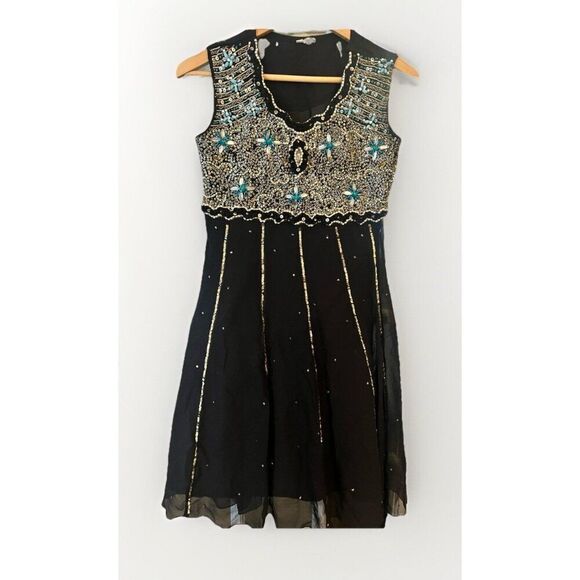 Vtg Womens Small Black Dress Whimsigoth Dark Fairy Flapper Sequin Beaded Ff - Picture 1 of 9